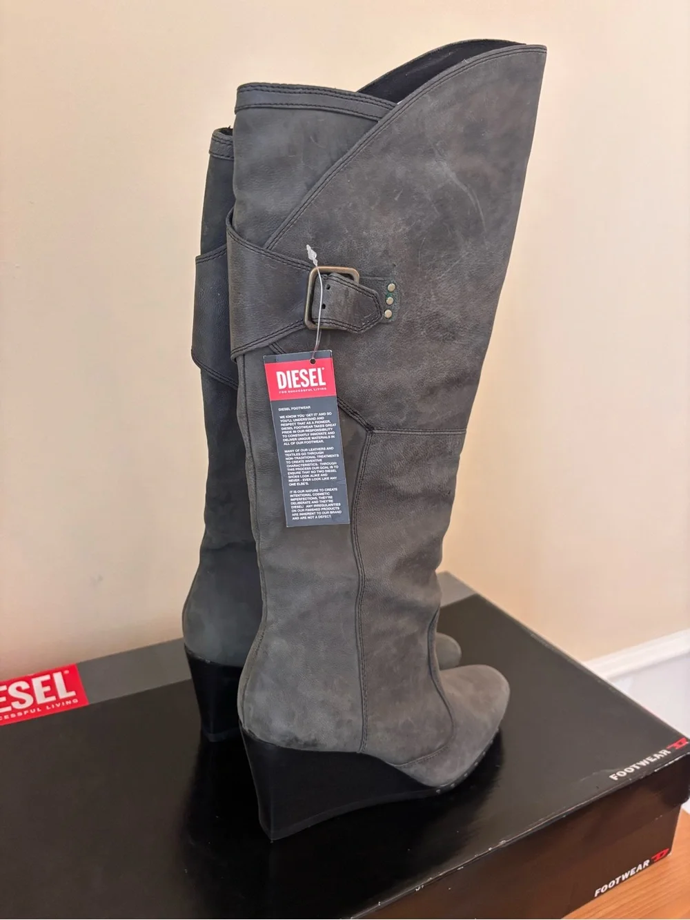 Diesel Gray Suede Wedge Over-the-Knee Boots 7.5 Leather Upper New with Tags